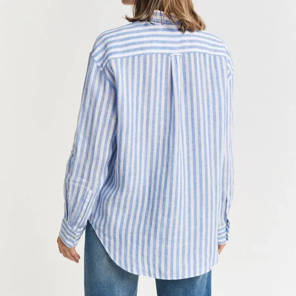 Gant Women's Linen Striped Relaxed Fit Long Sleeves Perfect Blue Shirt size US 6 - Picture 3 of 6